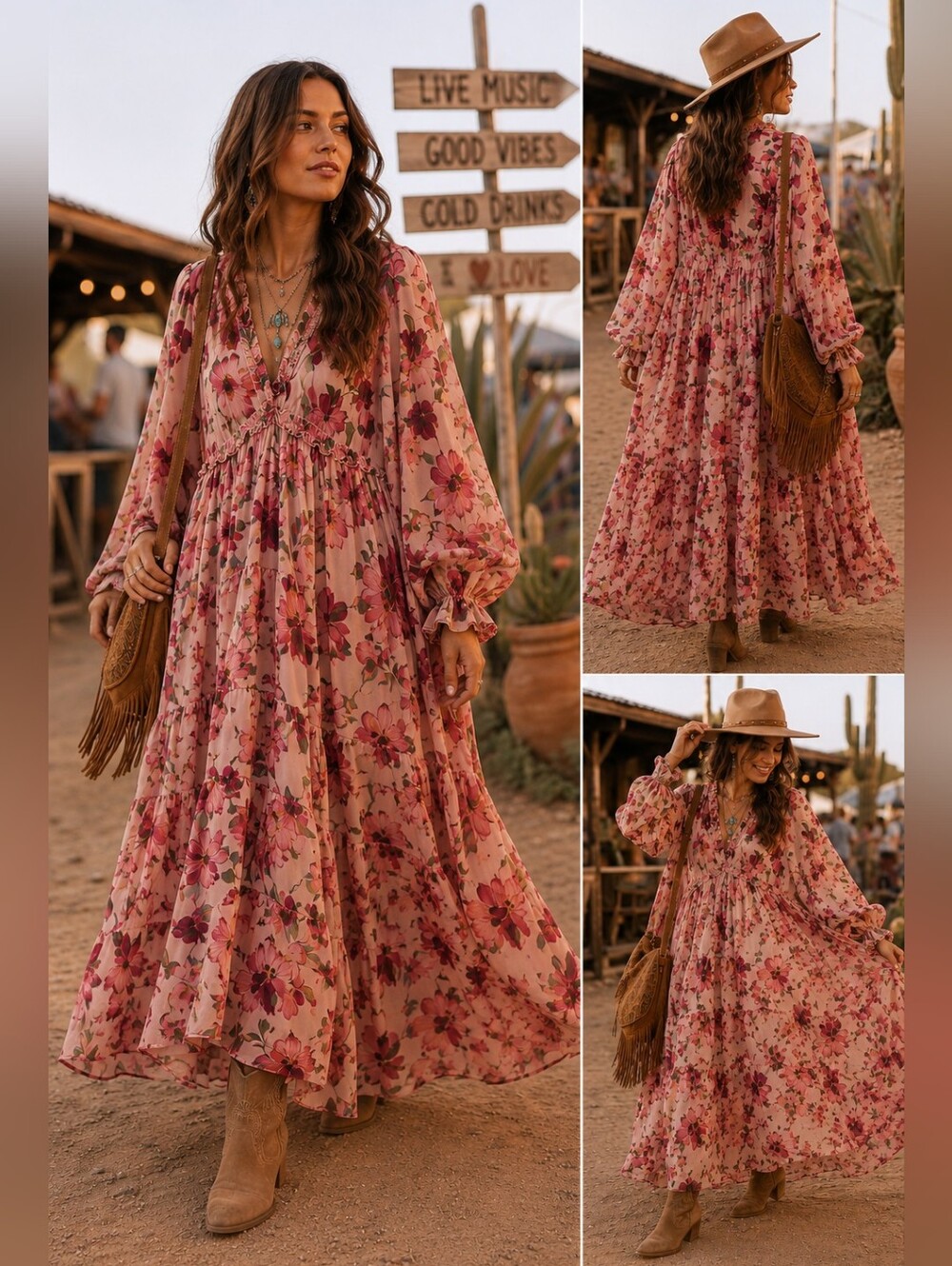 Pink Floral Boho Maxi Dress XL Cottagecore Prairie Romantic